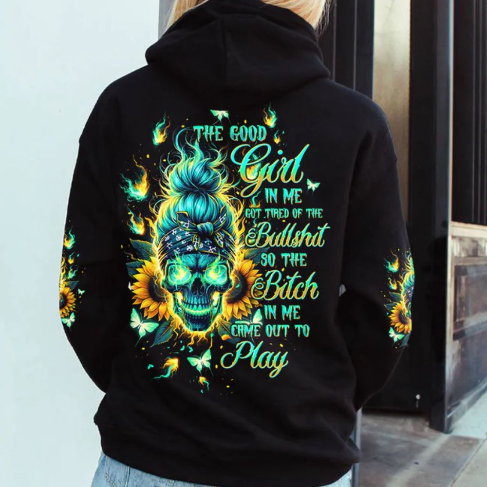 Messy Bun Sunflower Skull 3D All Over Hoodie The Good Girl In Me