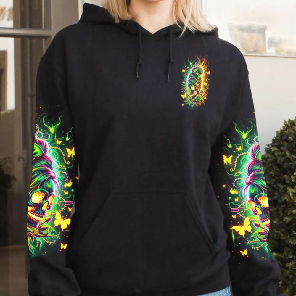 Neon Rose Skull 3D All Over Hoodie The Good Girl In Me